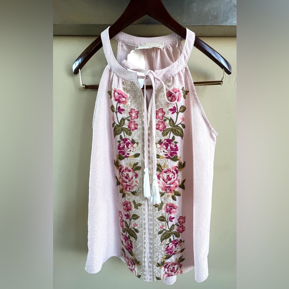 Savanna Jane NWT Pink Seersucker Floral Embroidered Halter Top - Small - Picture 1 of 7